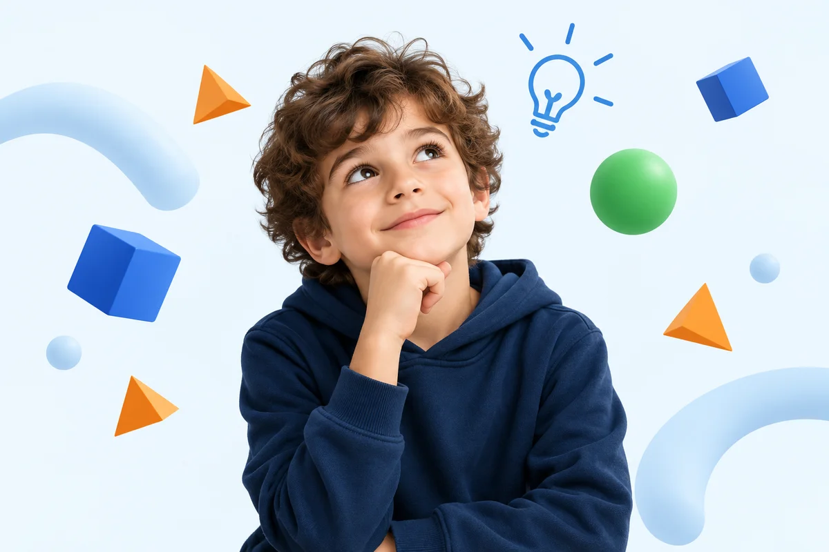 Renkli geometrik şekiller arasında merakla düşünen çocuk